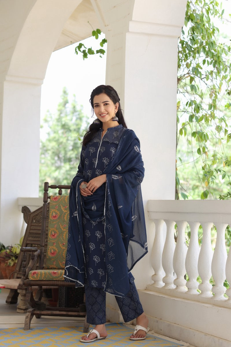 Navy Blue Floral Printed Pure Cotton Suit Set | SHOBITAM