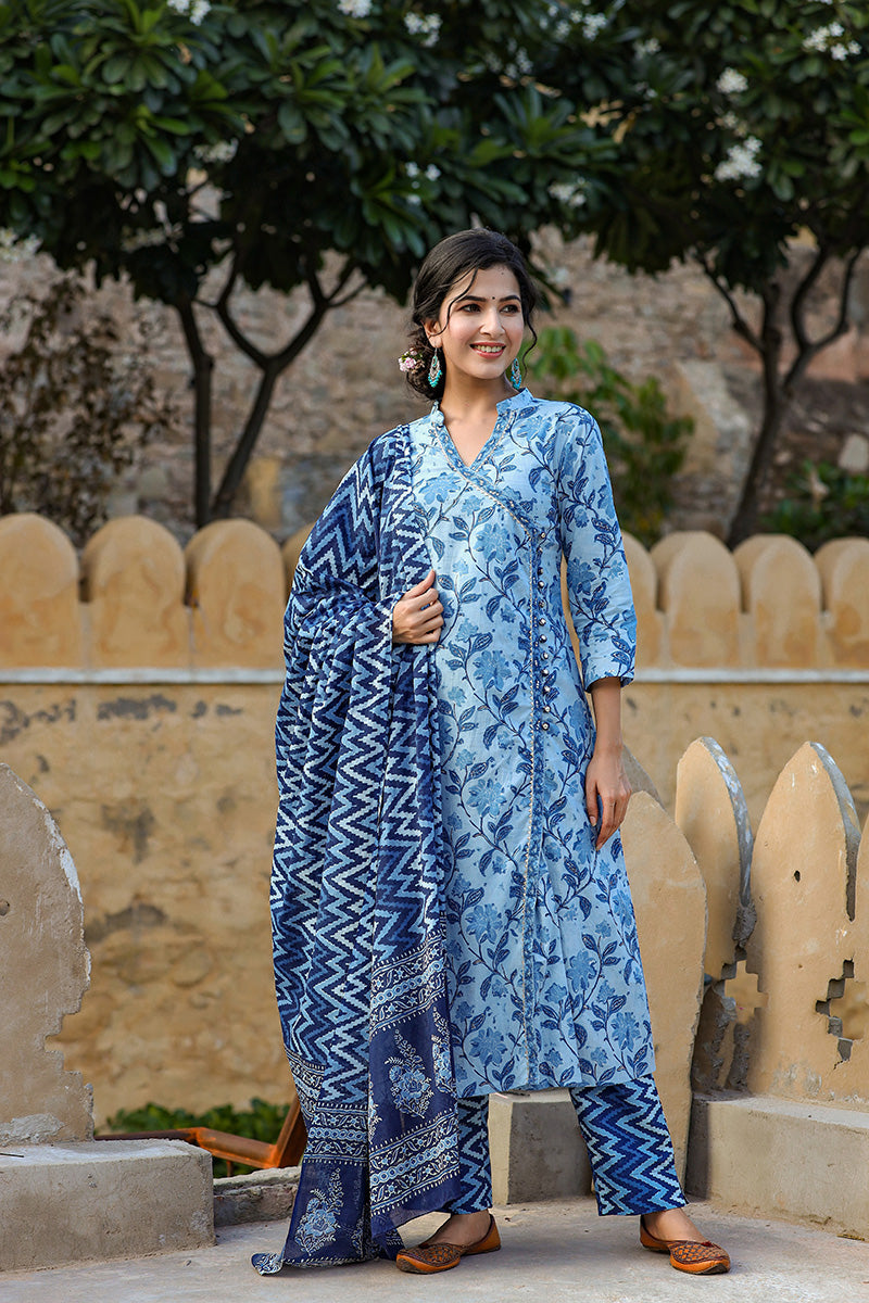 Blue Cotton Angrakha Suit Set | SHOBITAM
