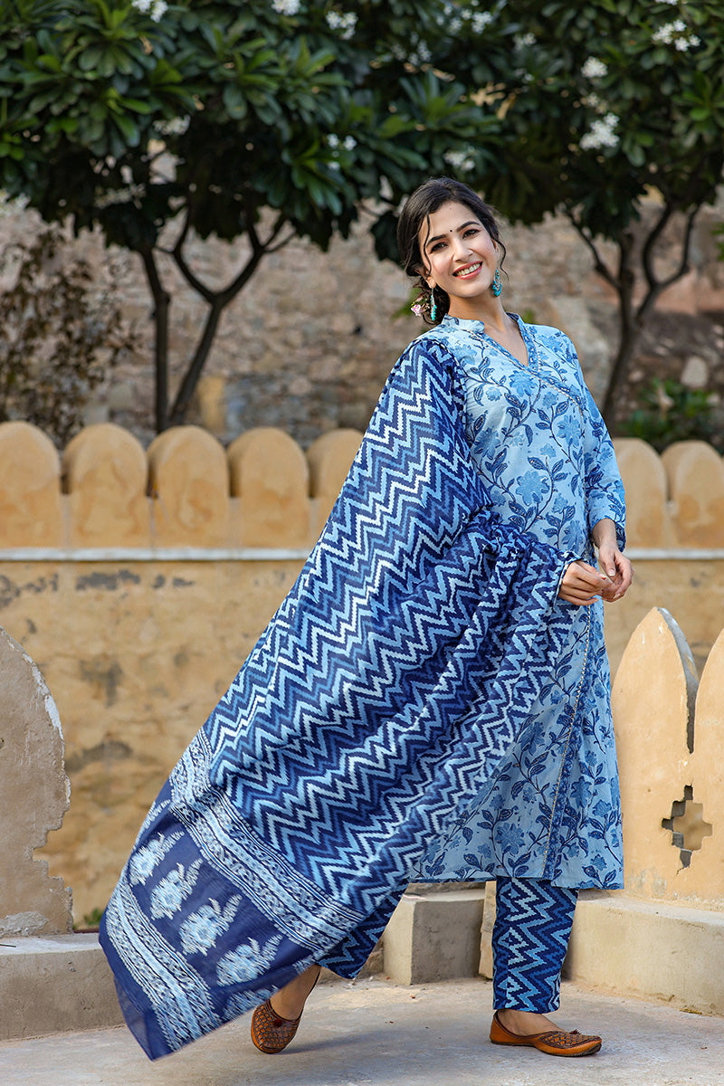 Blue Cotton Angrakha Suit Set | SHOBITAM