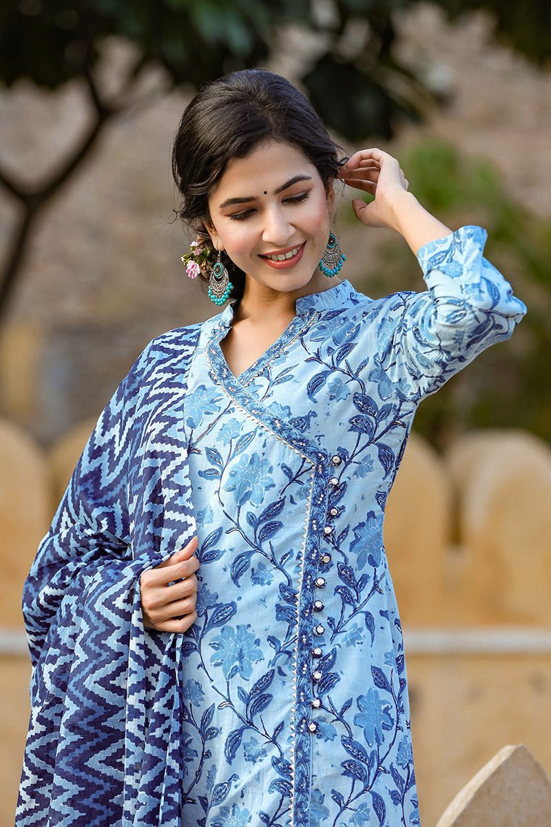 Blue Cotton Angrakha Suit Set | SHOBITAM