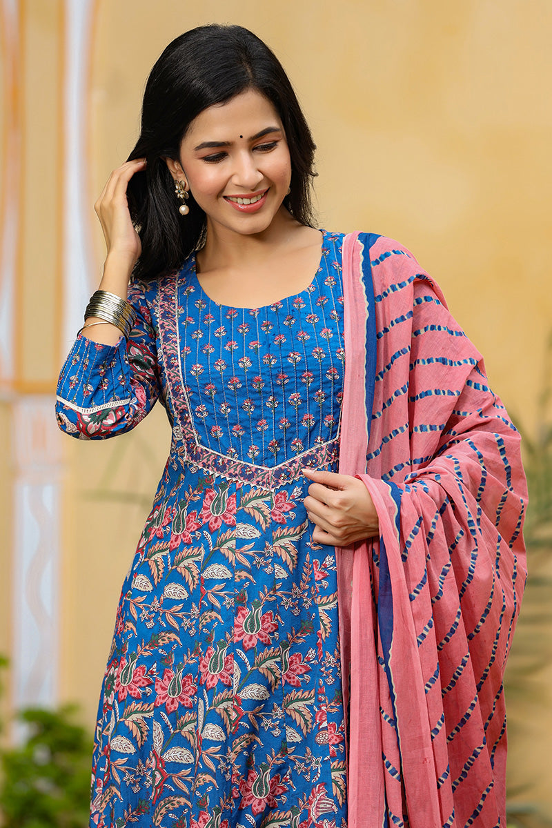 Blue Rayon Blend Anarkali Suit Set | SHOBITAM