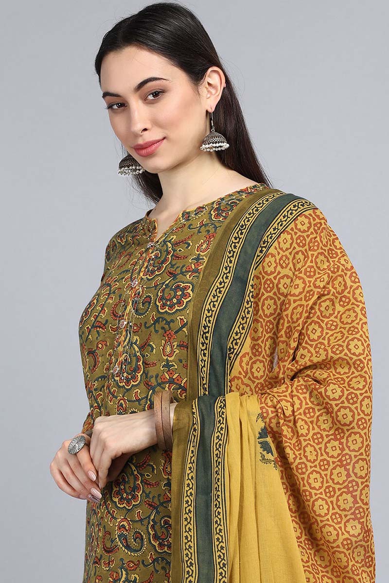 Green Yellow Floral Printed Pure Cotton Kurta with Trousers Dupatta Set | SHOBITAM