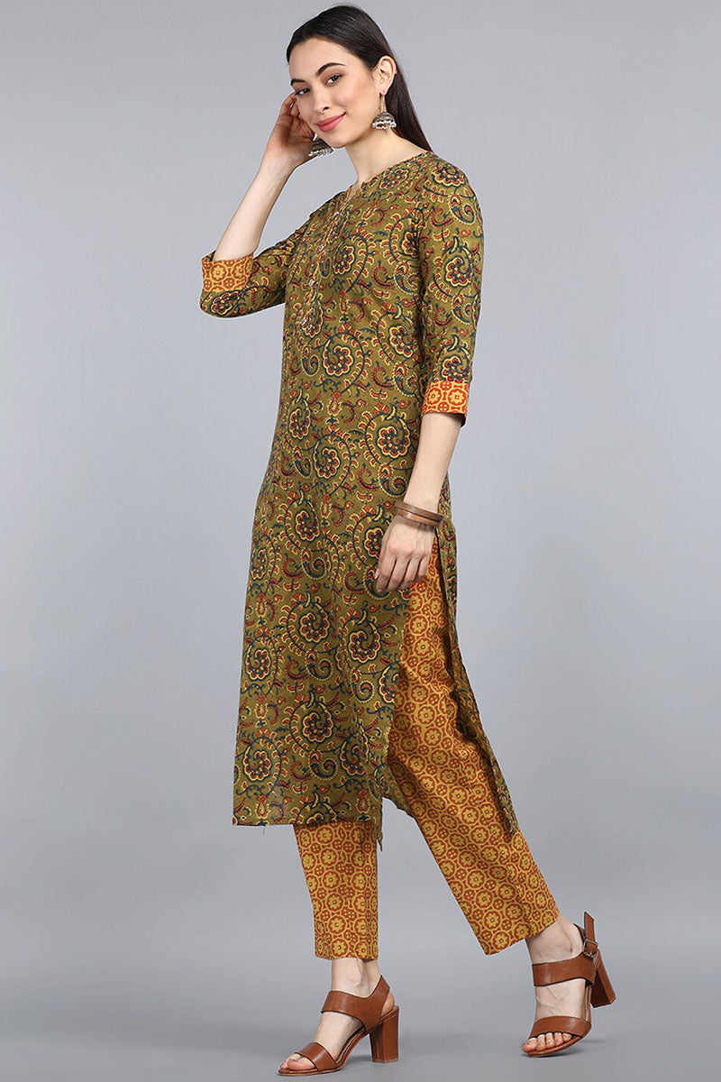Green Yellow Floral Printed Pure Cotton Kurta with Trousers Dupatta Set | SHOBITAM