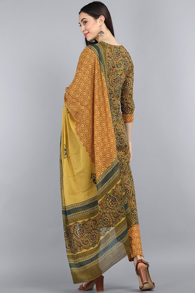 Green Yellow Floral Printed Pure Cotton Kurta with Trousers Dupatta Set | SHOBITAM