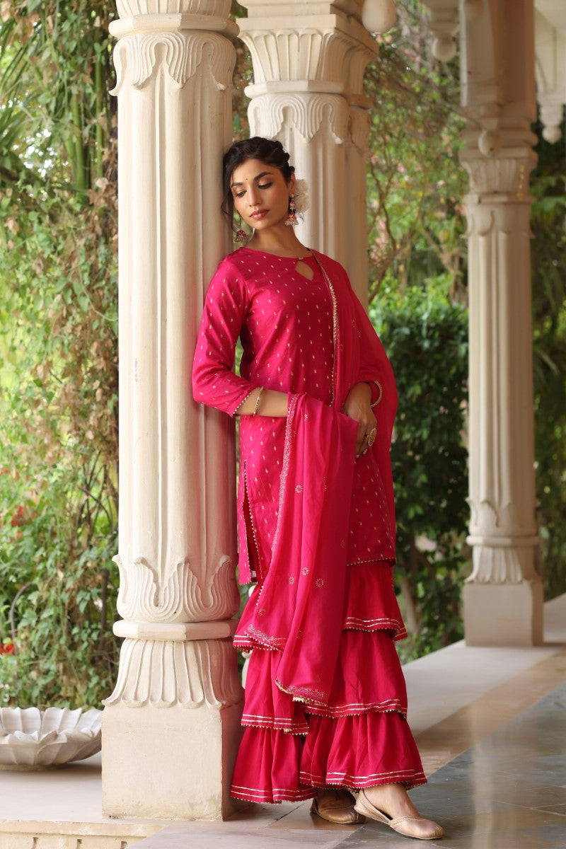 Pink Poly Silk Straight Sharara Suit Set  | SHOBITAM