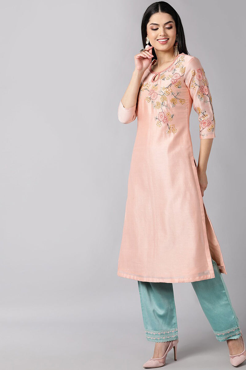 Peach Poly Silk Straight Kurta Pant With Dupatta | SHOBITAM