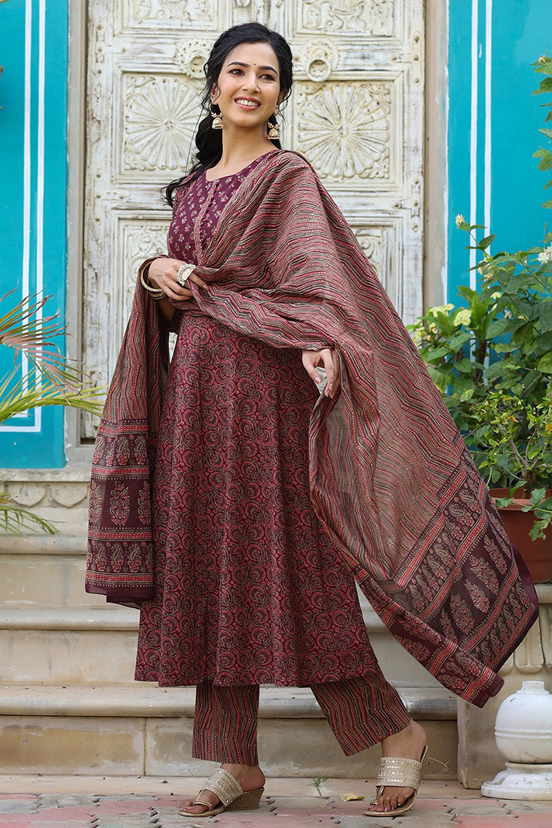 Maroon Rayon Blend Anarkali Kurta Pant With Dupatta | SHOBITAM