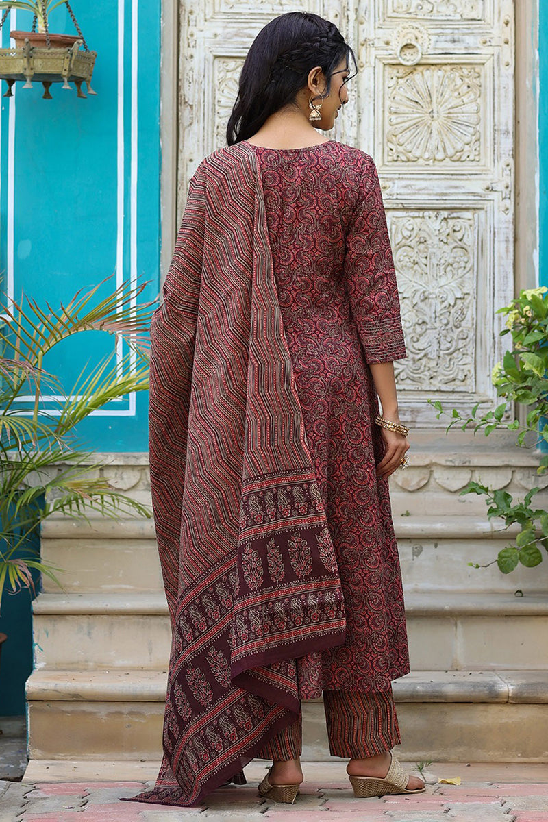 Maroon Rayon Blend Anarkali Kurta Pant With Dupatta | SHOBITAM
