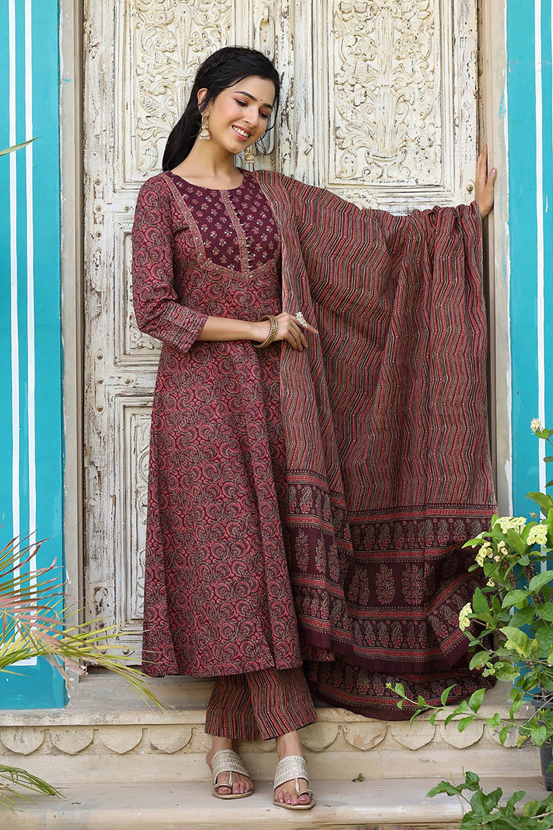 Maroon Rayon Blend Anarkali Kurta Pant With Dupatta | SHOBITAM