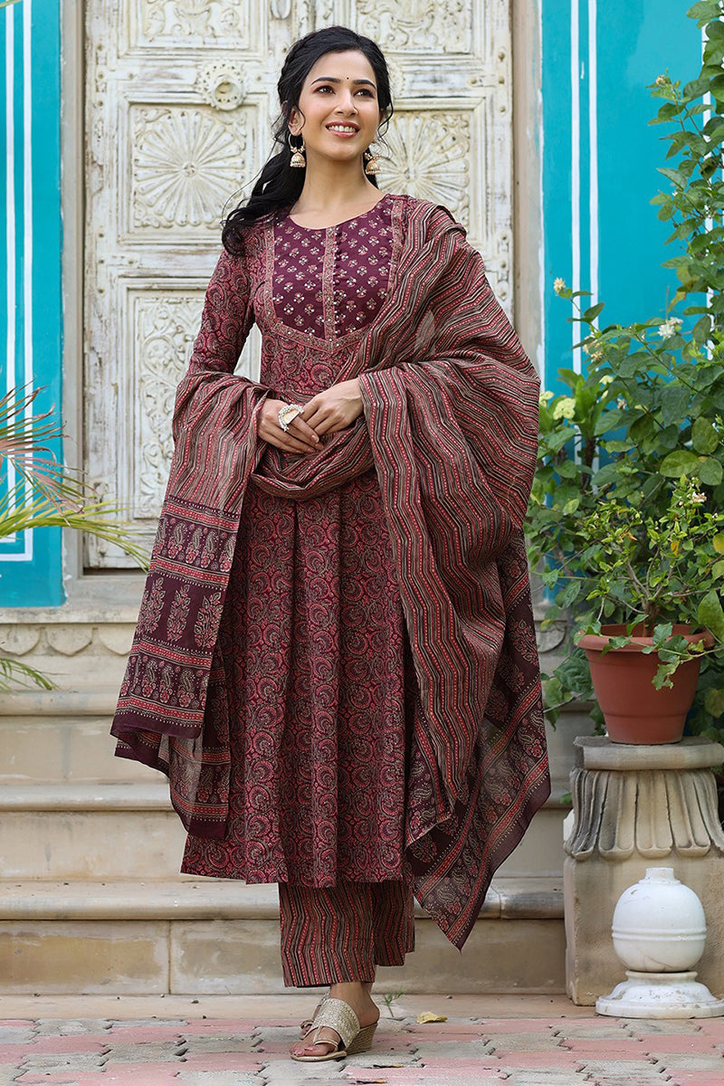 Maroon Rayon Blend Anarkali Kurta Pant With Dupatta | SHOBITAM