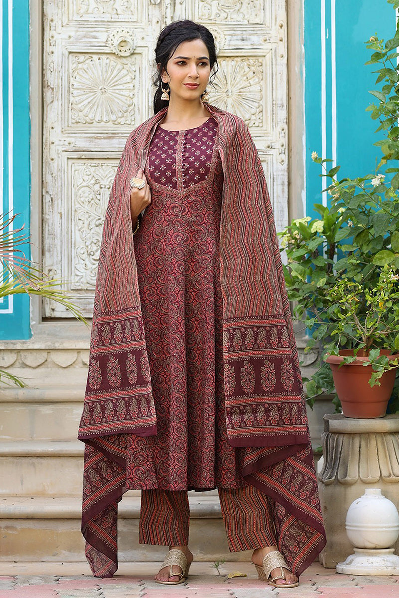 Maroon Rayon Blend Anarkali Kurta Pant With Dupatta | SHOBITAM