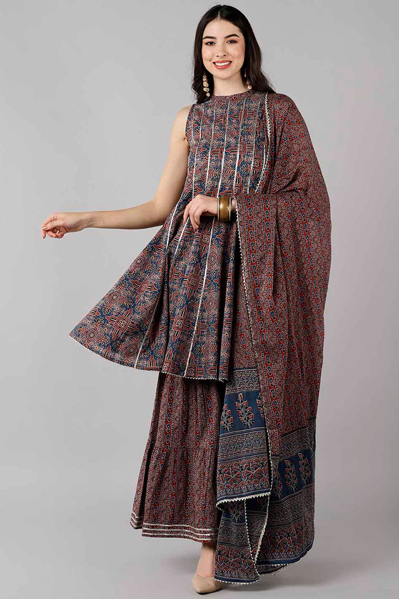 Blue Pure Cotton Flared Kurta Sharara With Dupatta | SHOBITAM