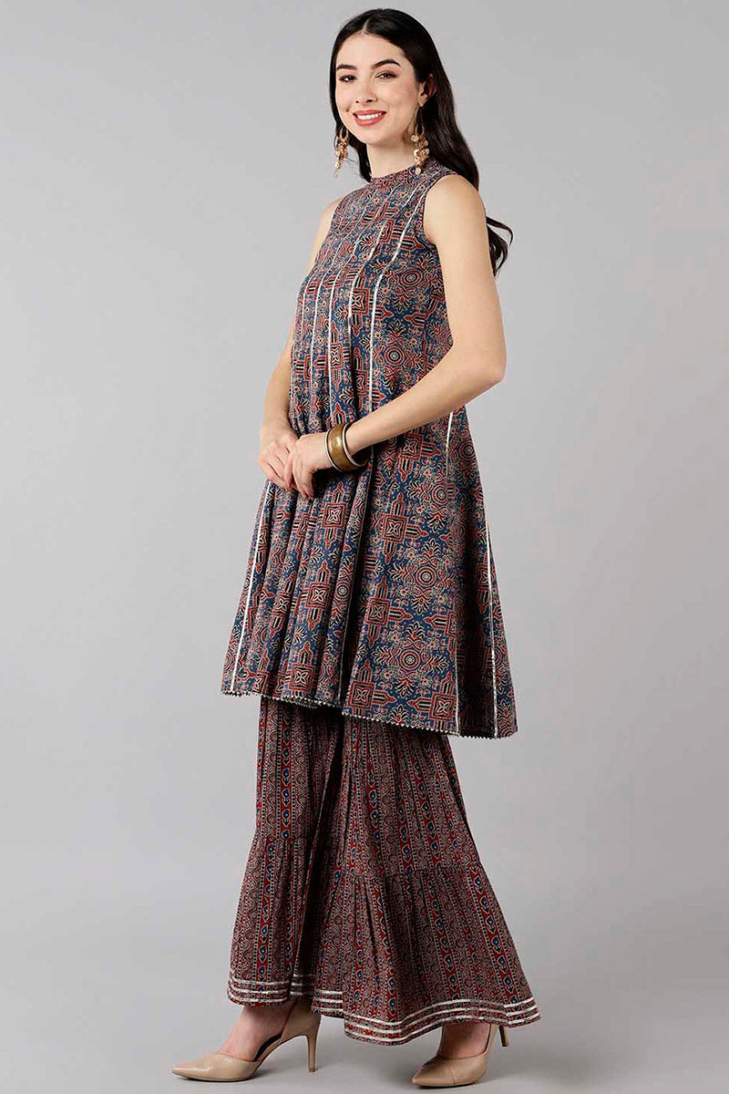 Blue Pure Cotton Flared Kurta Sharara With Dupatta | SHOBITAM