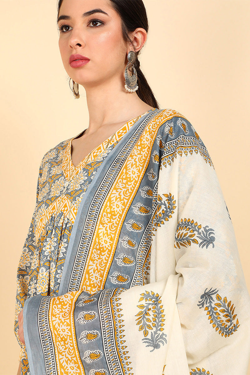 Yellow Pure Cotton Ethnic Motifs Printed Flared Style Suit Set   | SHOBITAM