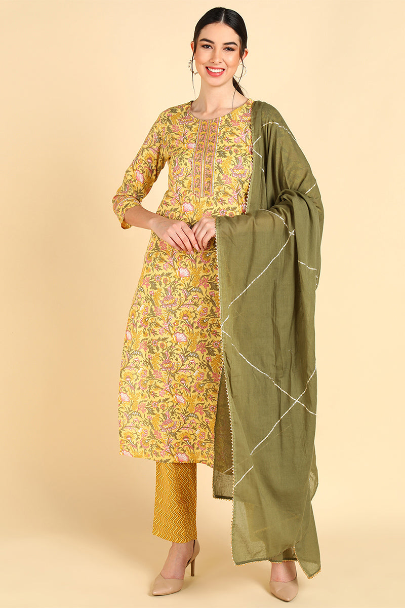 Yellow Pure Cotton Straight Kurta Pant With Dupatta Set  | SHOBITAM