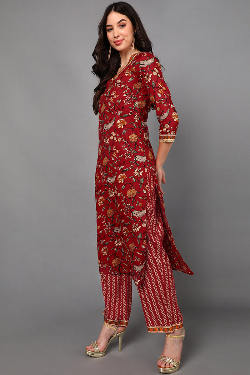 Red Cotton Floral Printed Kurta Pant Dupatta Set  | SHOBITAM