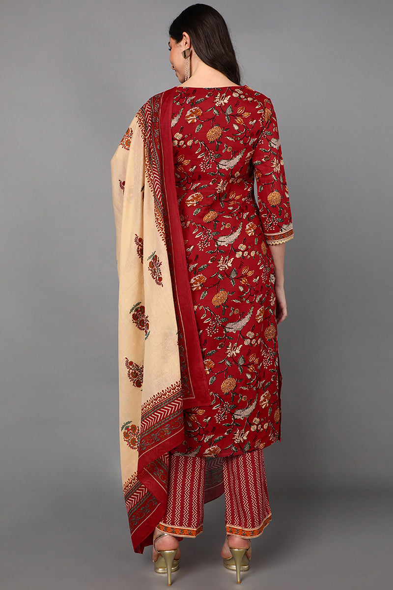 Red Cotton Floral Printed Kurta Pant Dupatta Set  | SHOBITAM