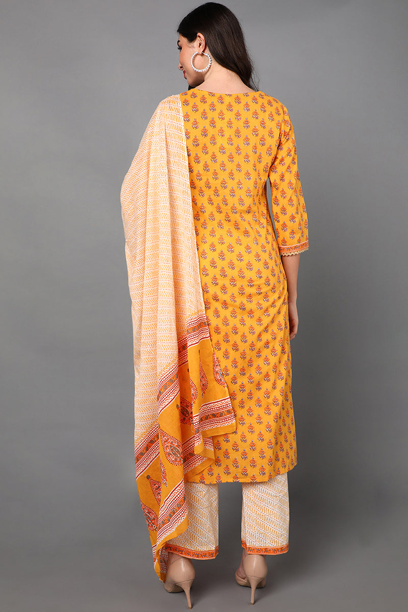 Yellow Pure Cotton Ethnic Motifs Straight Suit Set | SHOBITAM