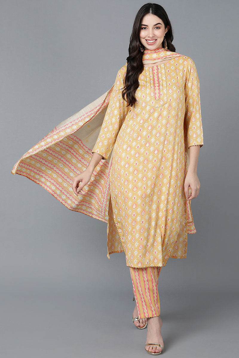 Yellow Pure Cotton Straight Suit Set   | SHOBITAM