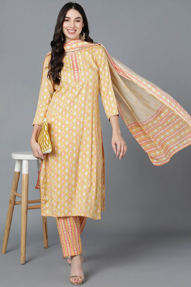 Yellow Pure Cotton Straight Suit Set   | SHOBITAM