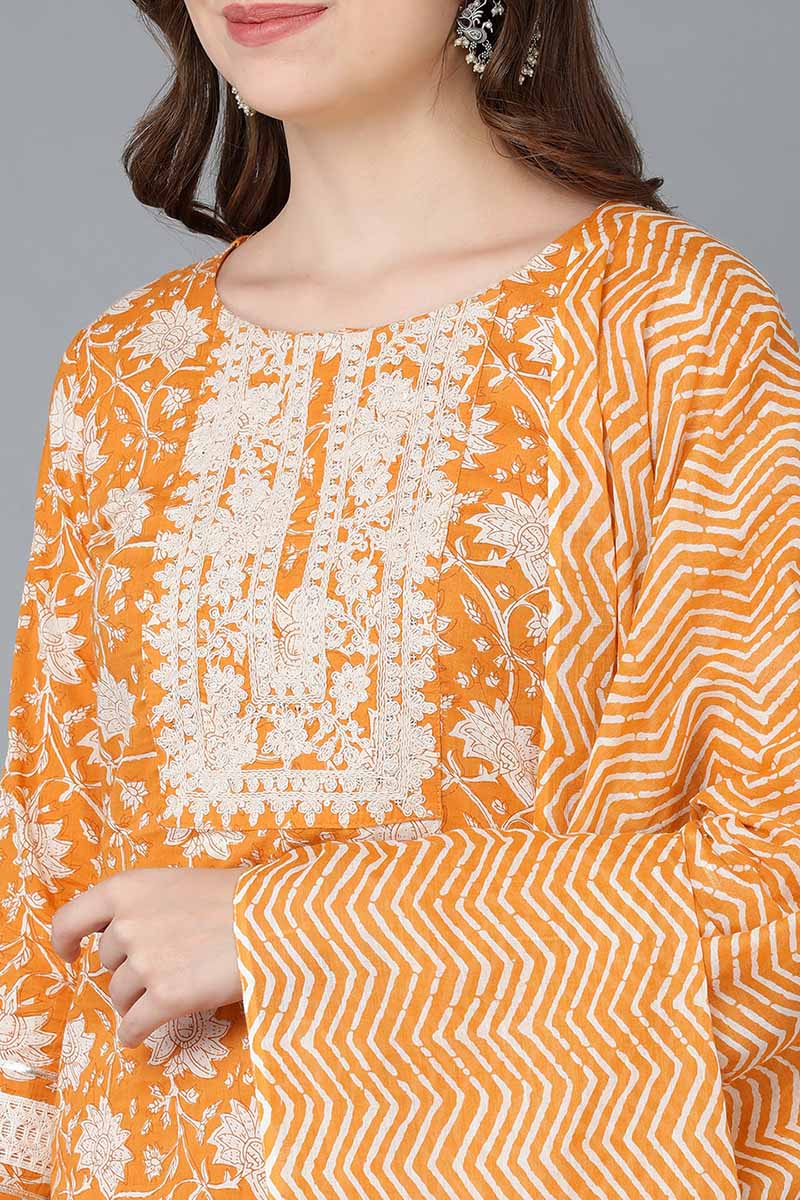 Orange Cotton Straight Kurta Sharara With Dupatta  | SHOBITAM