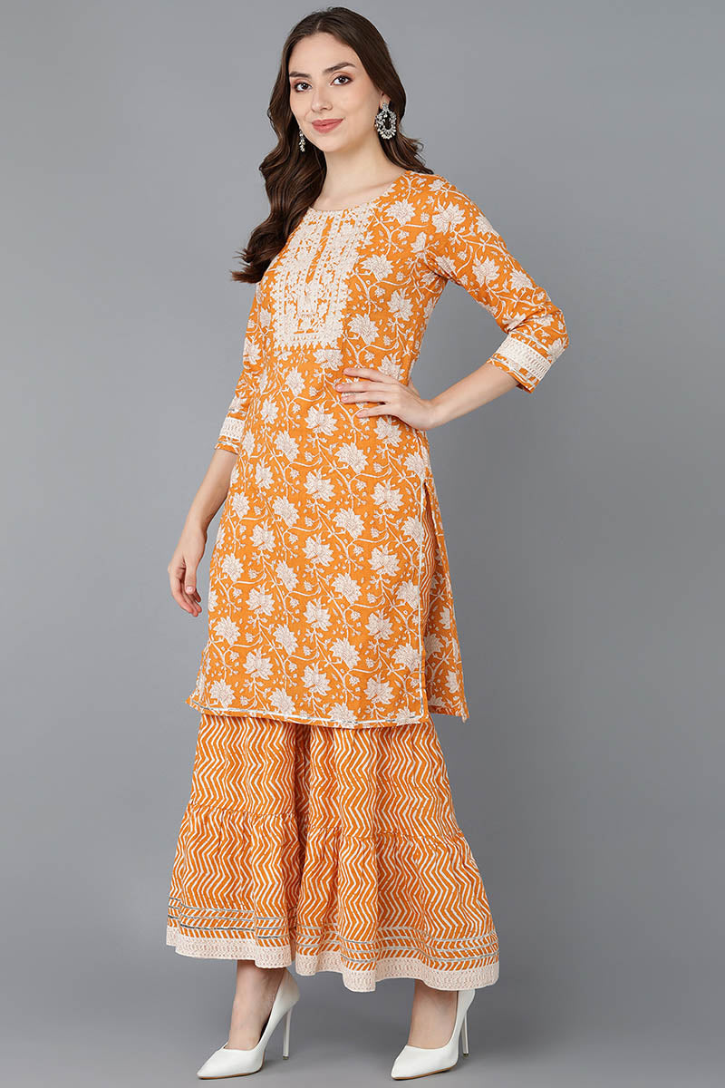 Orange Cotton Straight Kurta Sharara With Dupatta  | SHOBITAM