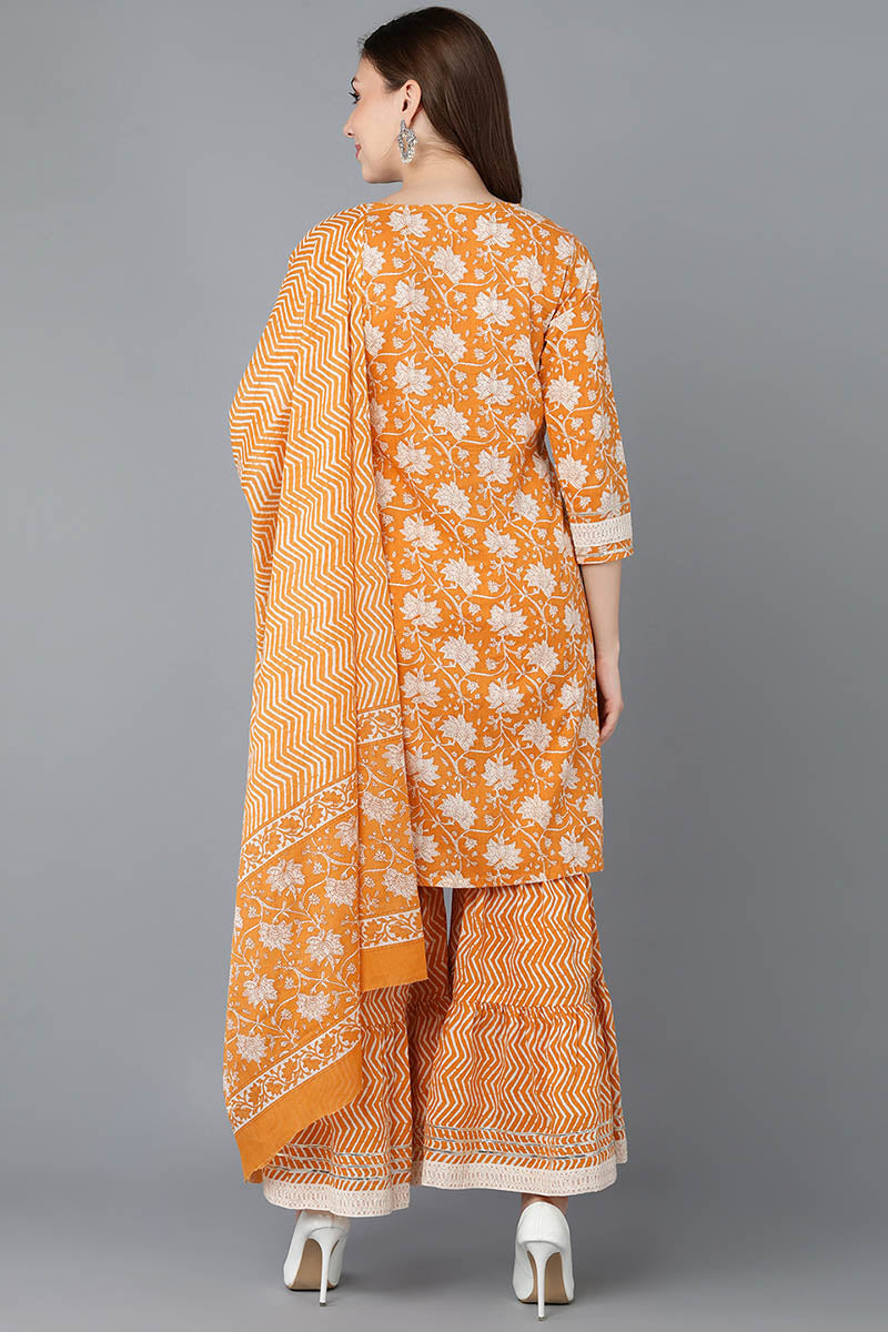 Orange Cotton Straight Kurta Sharara With Dupatta  | SHOBITAM