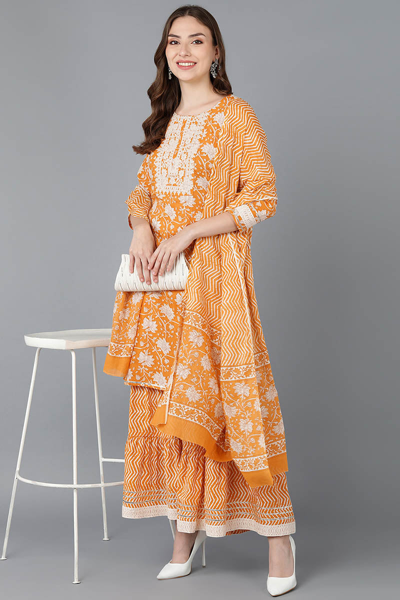 Orange Cotton Straight Kurta Sharara With Dupatta  | SHOBITAM