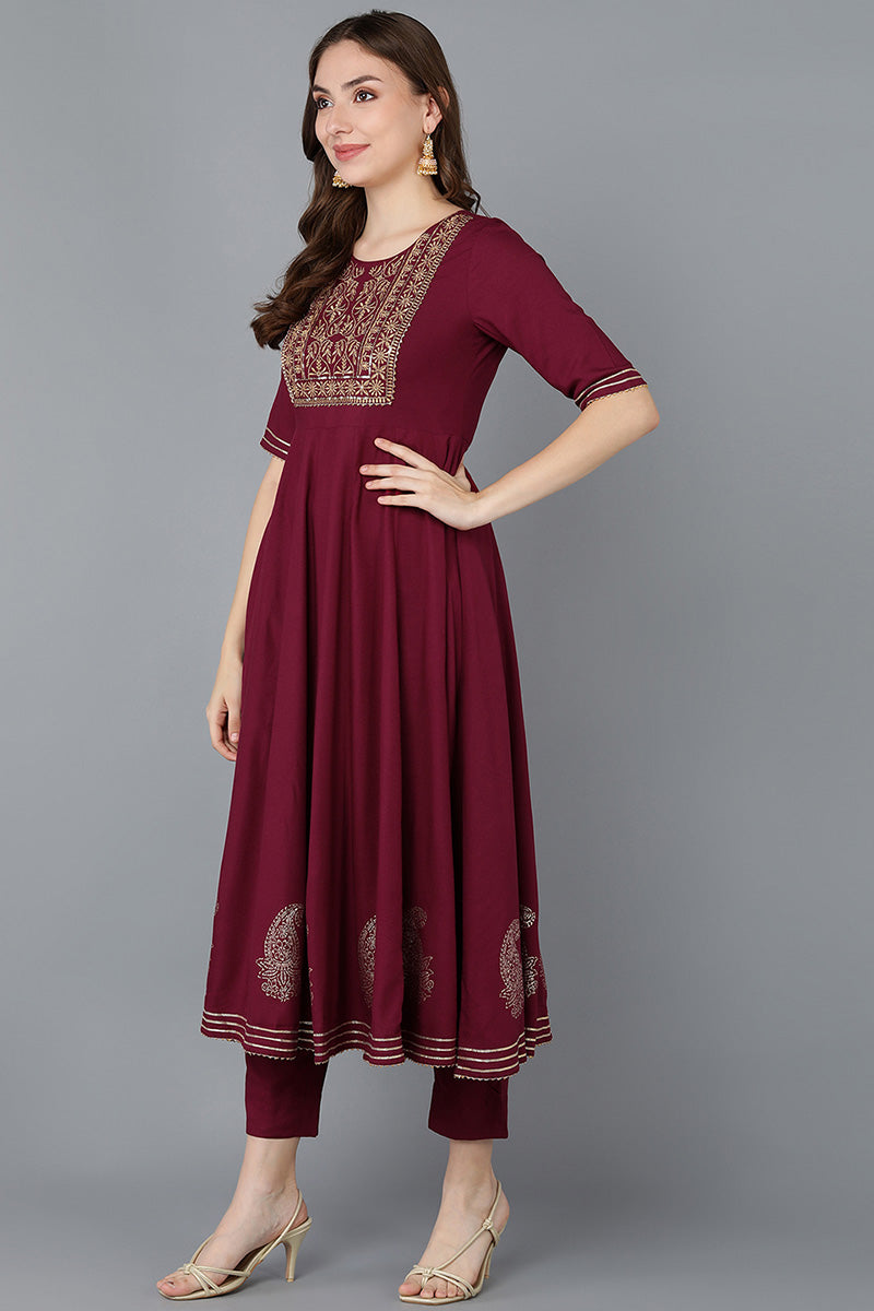 Burgundy Silk Blend Anarkali Suit Set   | SHOBITAM