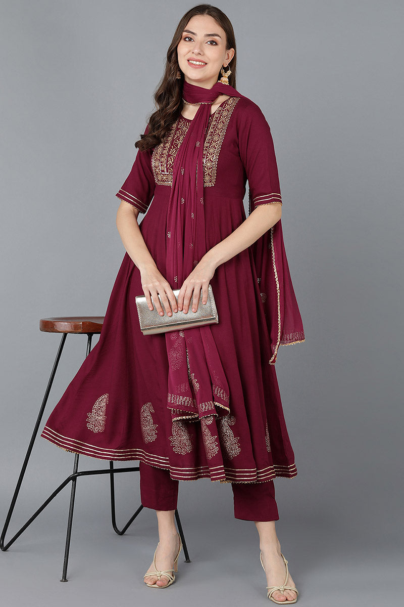 Burgundy Silk Blend Anarkali Suit Set   | SHOBITAM