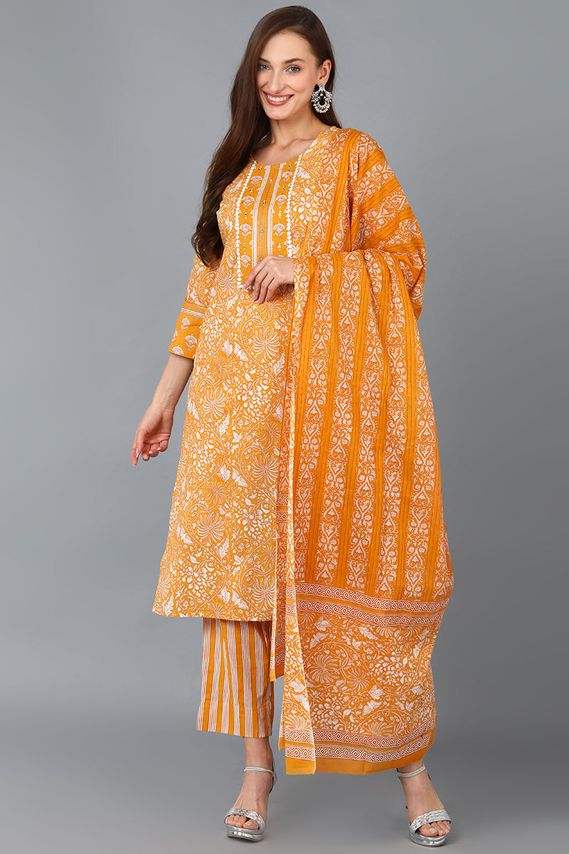 Mustard Pure Cotton Printed Kurta Trousers With Dupatta | SHOBITAM