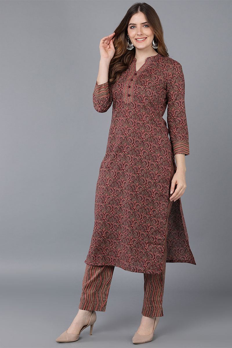 Maroon Rayon Blend straight Kurta Pant With Dupatta  | SHOBITAM