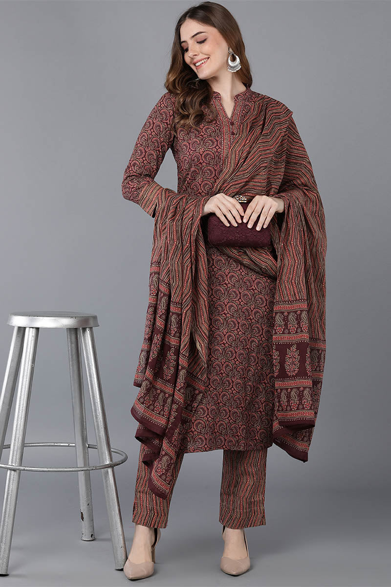 Maroon Rayon Blend straight Kurta Pant With Dupatta  | SHOBITAM