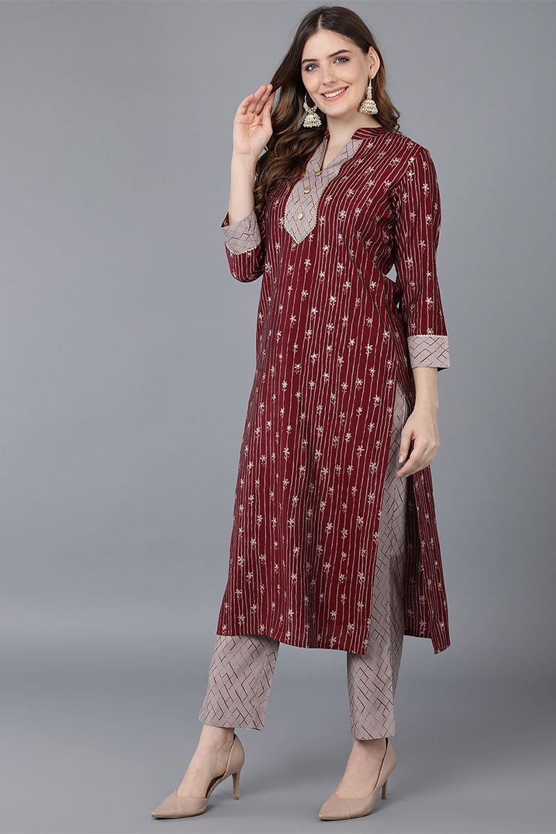 Maroon Poly Silk Straight Kurta Pant With Dupatta  | SHOBITAM