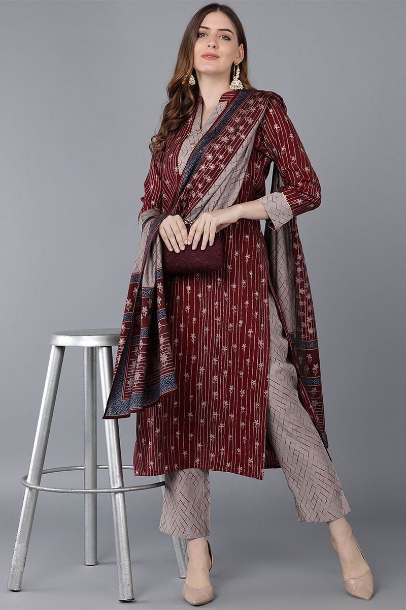 Maroon Poly Silk Straight Kurta Pant With Dupatta  | SHOBITAM