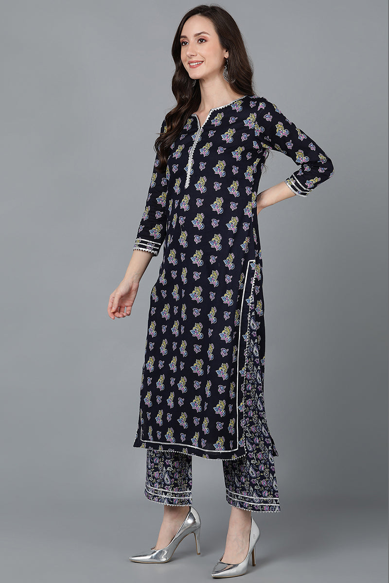 Navy Blue Pure Cotton Straight Kurta Palazzo With Dupatta  | SHOBITAM