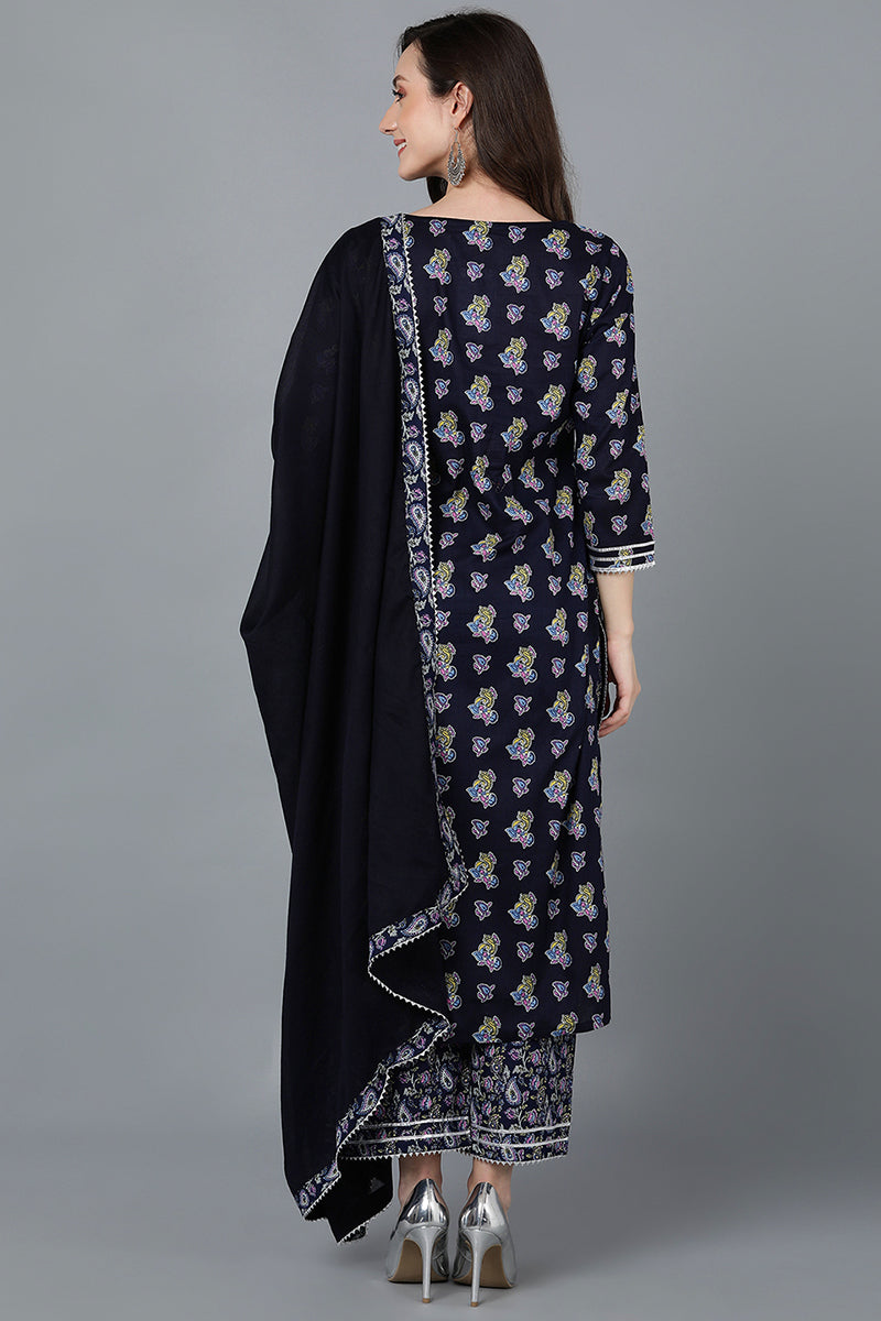 Navy Blue Pure Cotton Straight Kurta Palazzo With Dupatta  | SHOBITAM