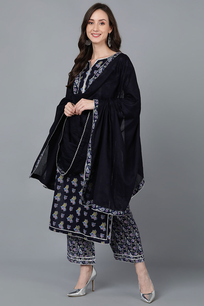 Navy Blue Pure Cotton Straight Kurta Palazzo With Dupatta  | SHOBITAM