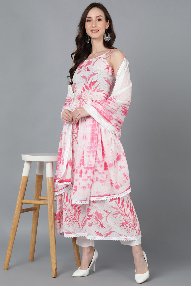 White Pure Cotton A-Line Kurta Pant With Dupatta | SHOBITAM