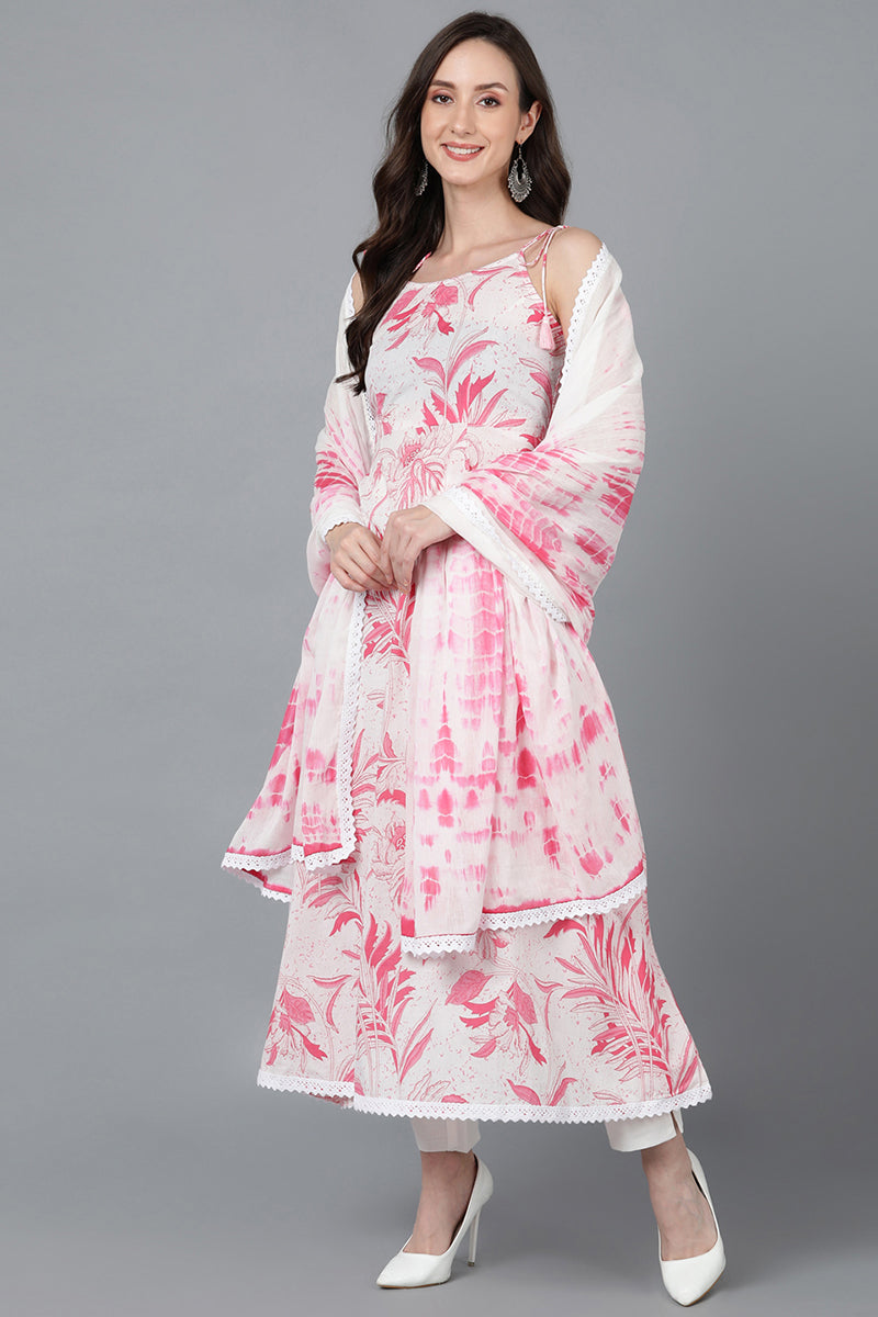 White Pure Cotton A-Line Kurta Pant With Dupatta | SHOBITAM