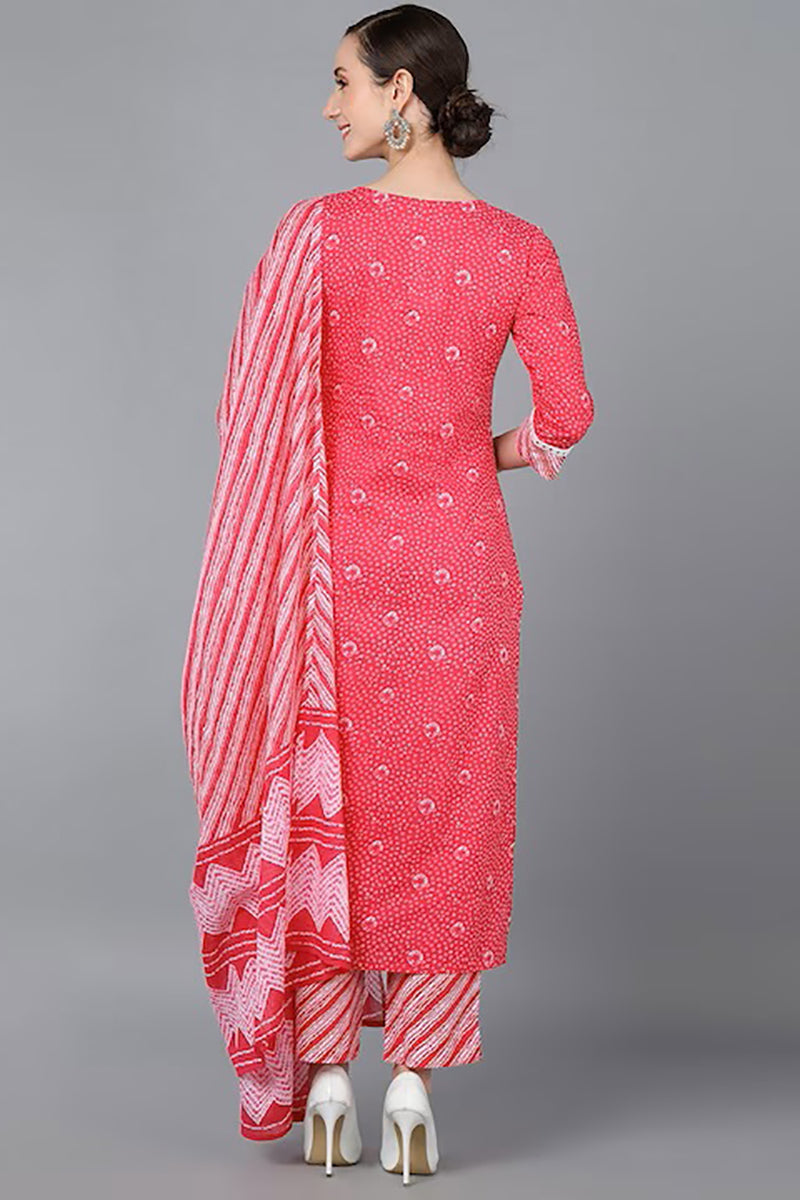 Pink Pure Cotton Bandhani Straight Suit Set | SHOBITAM