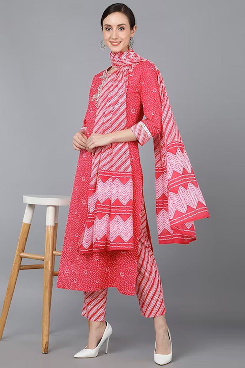 Pink Pure Cotton Bandhani Straight Suit Set | SHOBITAM
