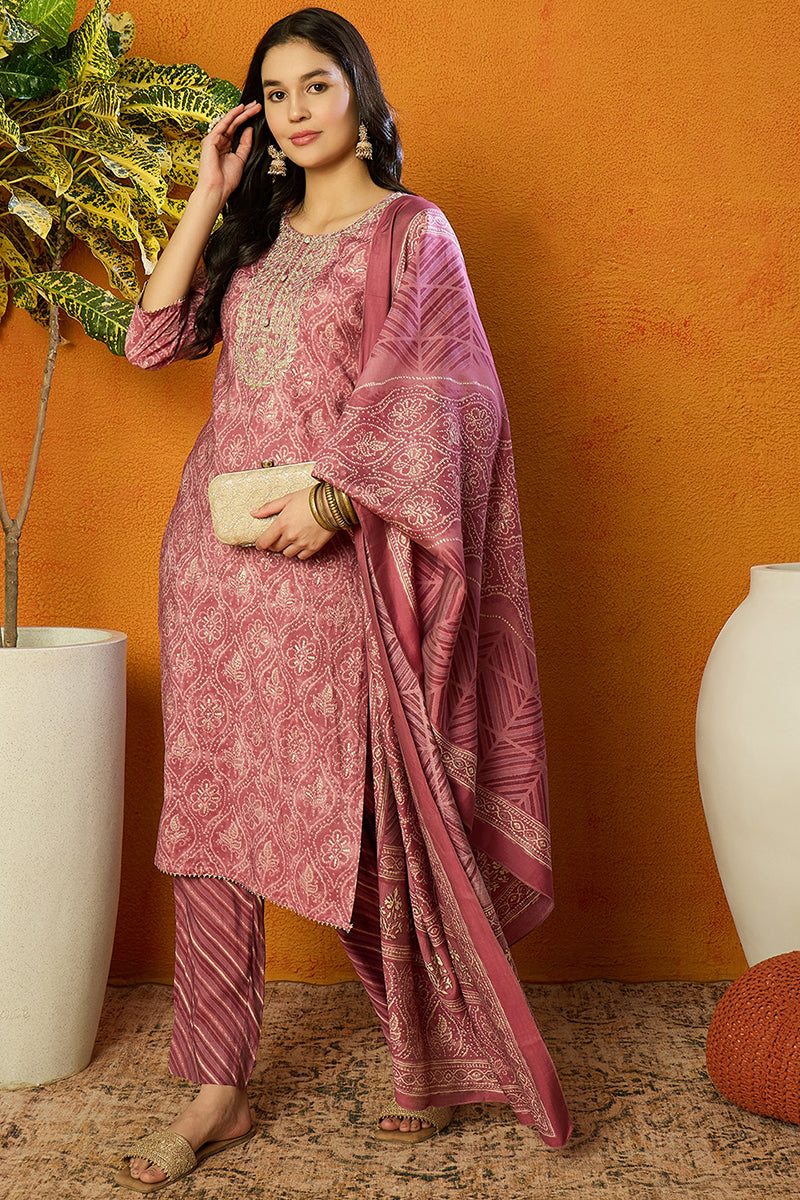 Pink Silk Blend Bandhani Print Embroidered Straight Suit Set  | SHOBITAM