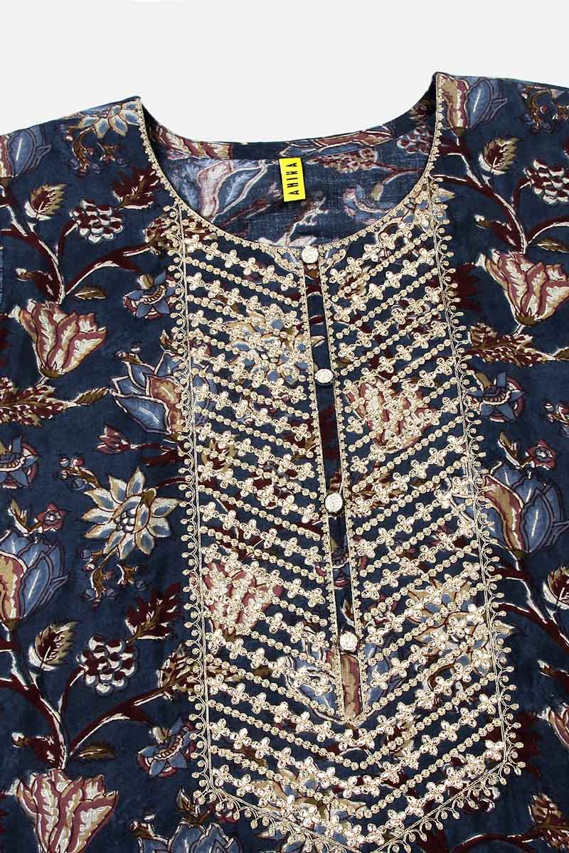 Blue Silk Blend Floral Print Embroidered Straight Suit Set | SHOBITAM