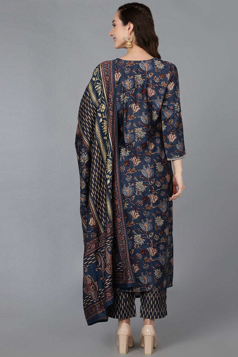 Blue Silk Blend Floral Print Embroidered Straight Suit Set | SHOBITAM