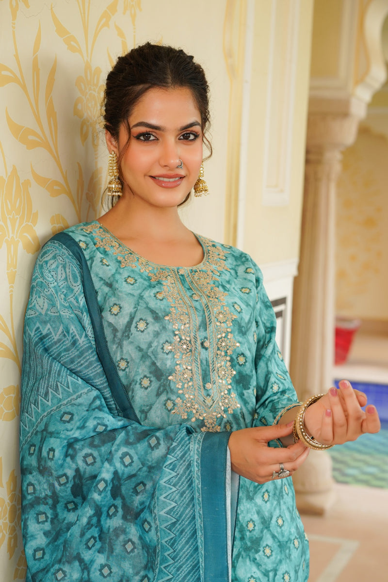 Sea Green Silk Blend Ombre Straight Kurta Trousers With Dupatta | SHOBITAM