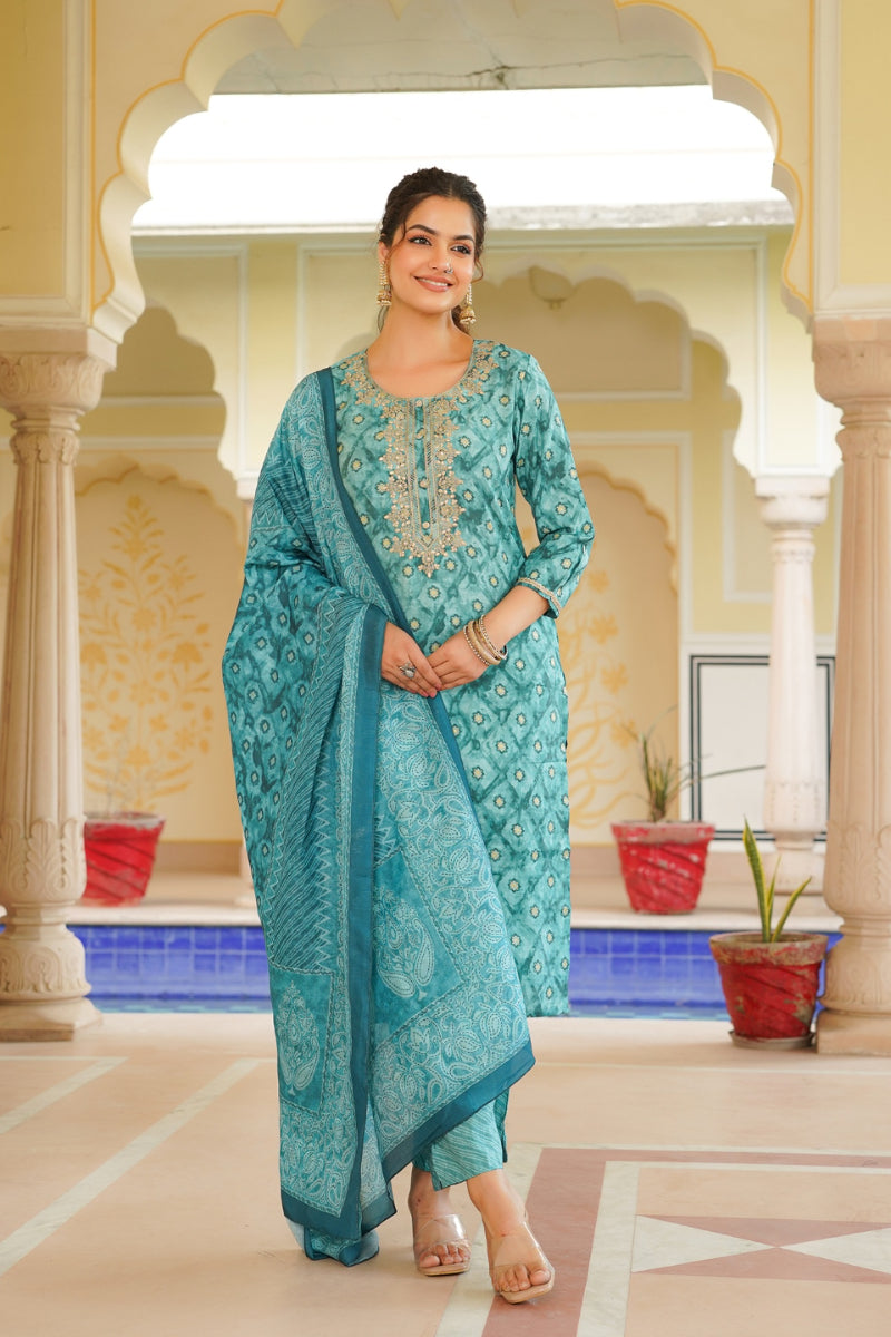 Sea Green Silk Blend Ombre Straight Kurta Trousers With Dupatta | SHOBITAM