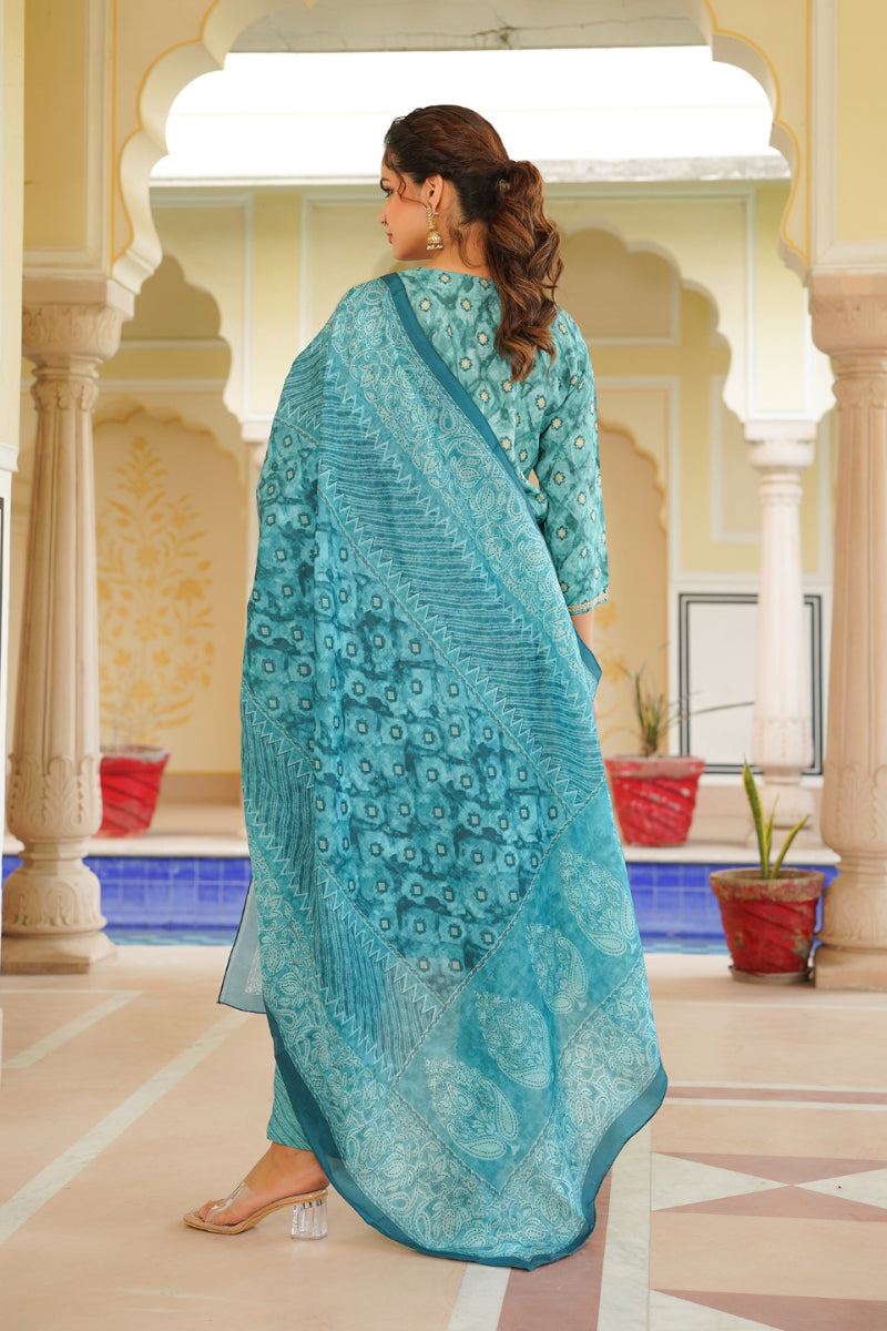 Sea Green Silk Blend Ombre Straight Kurta Trousers With Dupatta | SHOBITAM