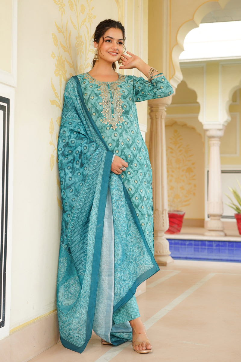 Sea Green Silk Blend Ombre Straight Kurta Trousers With Dupatta | SHOBITAM
