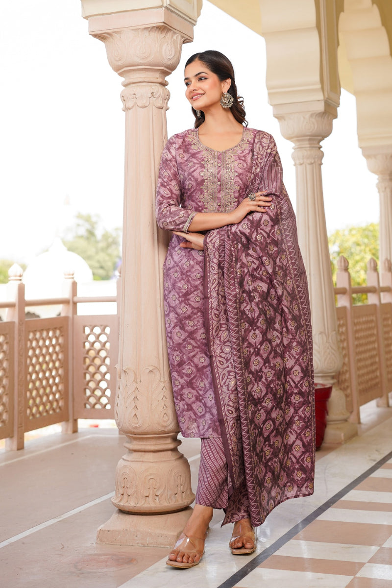 Mauve Silk Blend Ombre Straight Kurta Trousers With Dupatta  | SHOBITAM